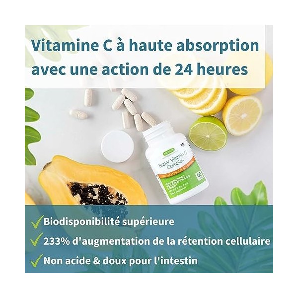 Super Vitamin C Complex, Complexe Vitamine C 1000mg, Pureway-C avec bioflavonoïdes d’agrumes, haute dose pour 24 heures de su