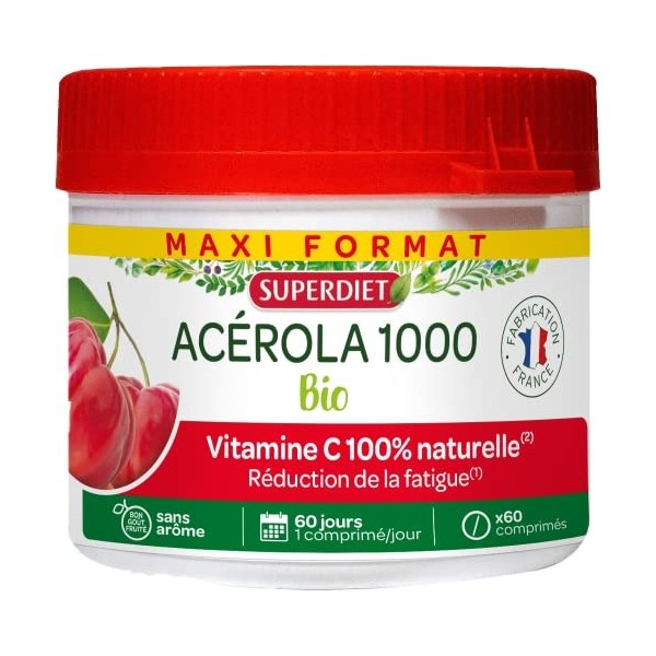 Super Diet - ACÉROLA 1000 BIO - Haute concentration en Vitamine C-Réduction de la fatigue -Maxi pot de 60 comprimés à croquer