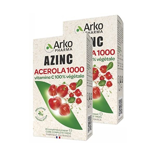 Arkopharma Azinc Acérola 1000 - Vitamine C 100% Végétale - Lot de 2 Boites de 30 Comprimés