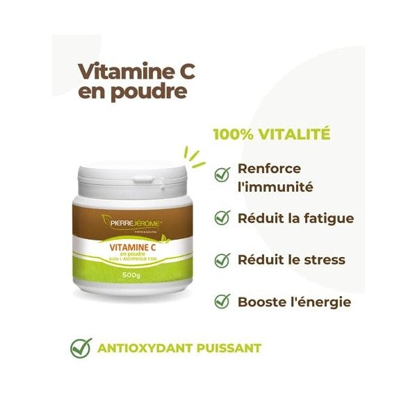 Pierre Jérôme - Vitamine C Poudre 500g - Pure 100% Acide L-Ascorbique - Fatigue, Stress, Energie, Système Immunitaire