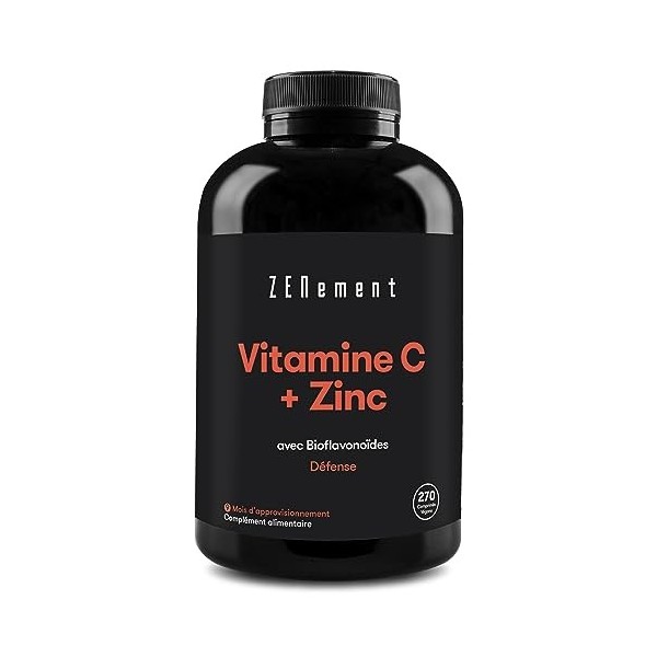 Vitamine C 1000 mg + Zinc avec Bioflavonoïdes, 270 Comprimés Végétaliens 9 Mois | Stimule le Système Immunitaire et Réduit 