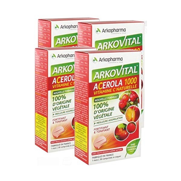 Arkopharma - lot de 4 boites Arkovital Acerola Vitamine C Naturelle1000mg - gout fruits rouges - 120 Comprimés à Croquer