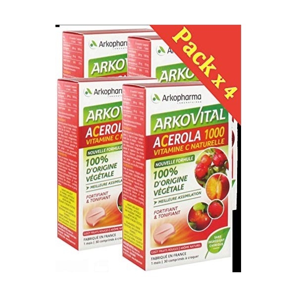 Arkopharma - lot de 4 boites Arkovital Acerola Vitamine C Naturelle1000mg - gout fruits rouges - 120 Comprimés à Croquer