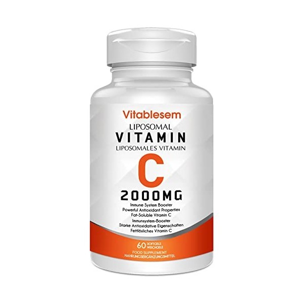 Gélules de vitamine C liposomale 2000 mg - Acide ascorbique de haute puissance sans gluten et vegan - Supplément antioxydant 