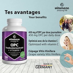 OPC Extrait de Pépins de Raisin Gélules + Vitamine C, 450 mg Certifiés OPC + 100 mg Vitamine C, 180 Gélules pour 6 Mois, Comp