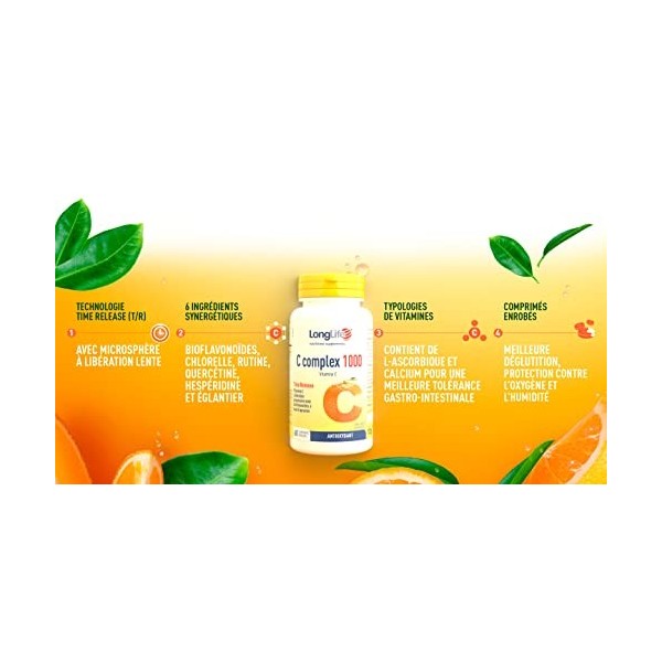 LongLife® C Complex 1000 t/r | Haute dosage 1000mg de vitamine C | Avec bioflavonoïdes d’agrumes | Time Release | Système imm