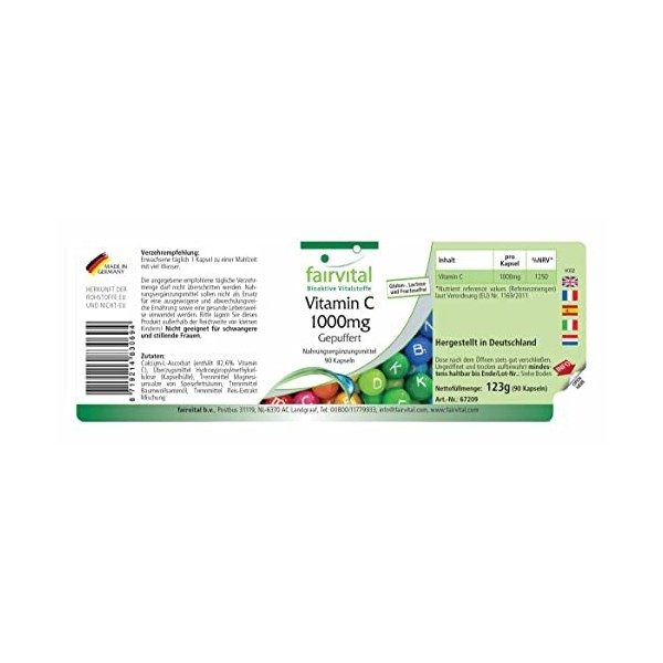 Fairvital | Vitamine 1000mg tamponnée - hautement dosé - VEGAN - 90 capsules - ascorbate de calcium