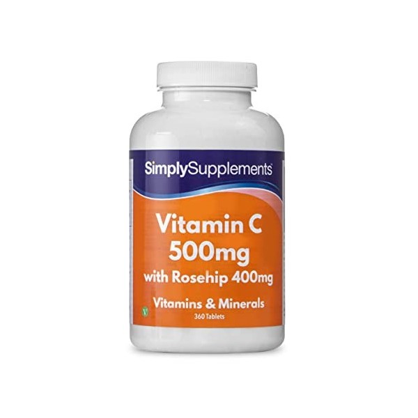 Vitamine C 500mg et Eglantier 400mg – 360 Comprimés- Jusqu’à 1 an de Bienfaits - SimplySupplements