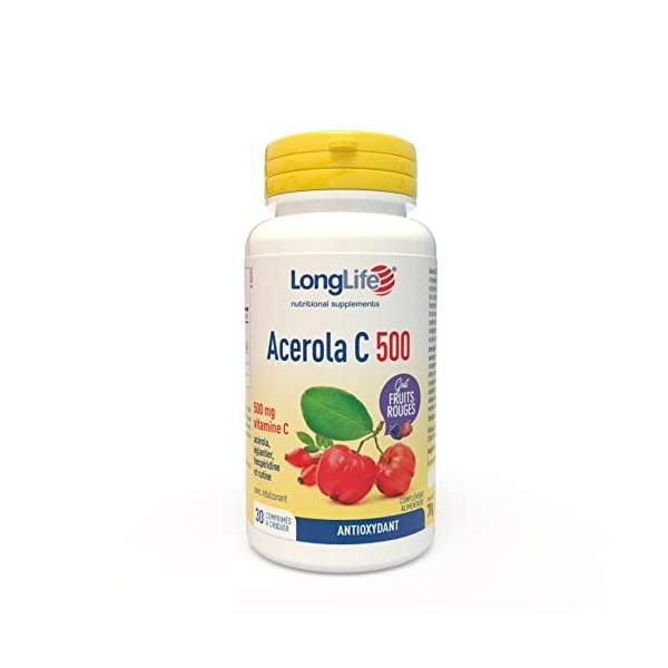 LongLife® Acerola C 500 | Haut dosage acerola vitamine C naturelle | Avec églantier, hespéridine et rutine | Défenses immunit