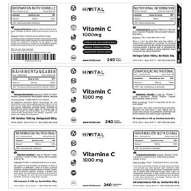Vitamine C 1000 mg | 240 comprimés végétaliens 8 mois de traitement | Antioxydant qui réduit la fatigue, protège les cellul