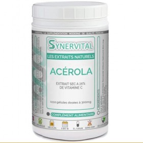 Acérola Extrait naturel à 25% de Vitamine C Synervital 1000 gélules dosées à 300mg - Complément alimentaire - Fabriqué en fra