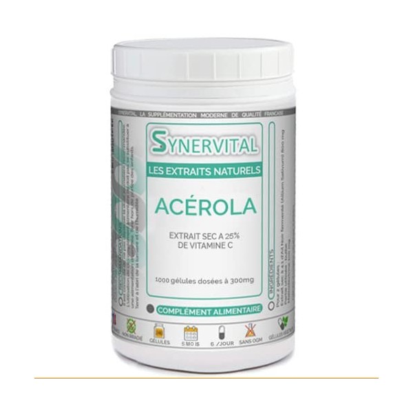 Acérola Extrait naturel à 25% de Vitamine C Synervital 1000 gélules dosées à 300mg - Complément alimentaire - Fabriqué en fra