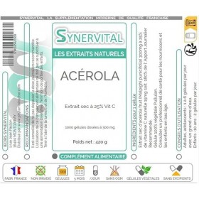 Acérola Extrait naturel à 25% de Vitamine C Synervital 1000 gélules dosées à 300mg - Complément alimentaire - Fabriqué en fra