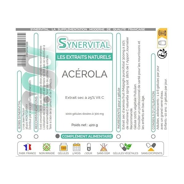 Acérola Extrait naturel à 25% de Vitamine C Synervital 1000 gélules dosées à 300mg - Complément alimentaire - Fabriqué en fra