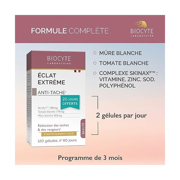 BIOCYTE Pack Eclat Extrême - Complément Alimentaire Eclat du Teint - Mûre Blanche, Tomate, Raisin, Zinc, Vitamine C, Niacine 