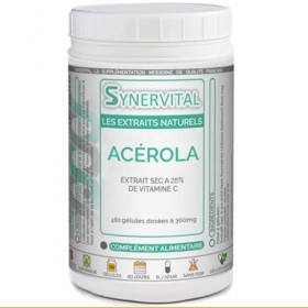 Acérola Extrait naturel à 25% de Vitamine C Synervital 480 gélules dosées à 300mg - Complément alimentaire - Fabriqué en fran