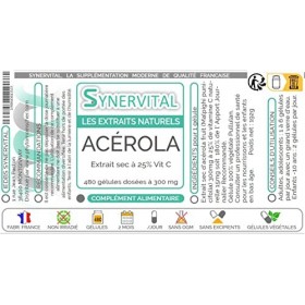 Acérola Extrait naturel à 25% de Vitamine C Synervital 480 gélules dosées à 300mg - Complément alimentaire - Fabriqué en fran
