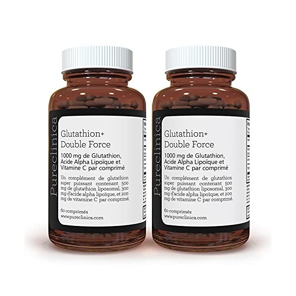 Glutathion Double Force 1000 mg x 120 Comprimés 60 comprimés par bouteille, 2 bouteilles . Avec 500 mg de Glutathion, 300 mg