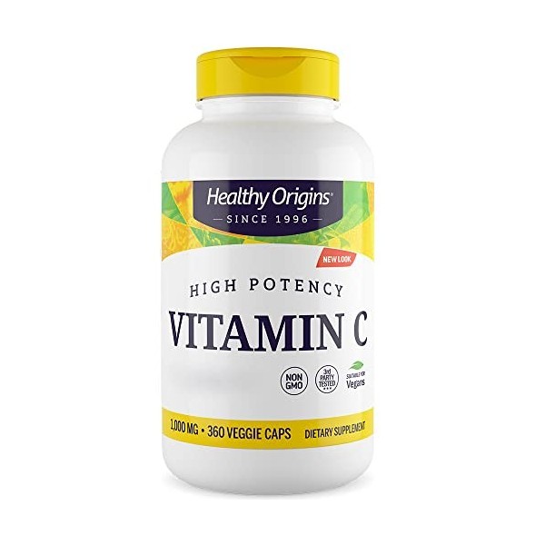 Healthy Origins, High Potency Vitamin C 1.000mg, 360 Capsules végétaliennes, Haute Dose, Testé en Laboratoire, Végétariennes,