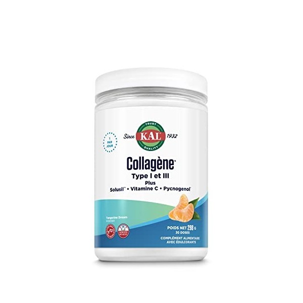 Kal Collagène type I et III | Plus Solusil, Vitamine C et Pycnogenol | 30 doses - 298g