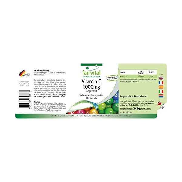 Fairvital | Vitamine C tamponnée 1000mg - Boîte de 400 gélules - Douce pour lestomac - antioxydant