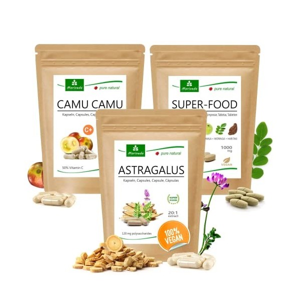 MoriVeda® Paquet de produits « Immune System » | Comprimés de superaliments, gélules dastragale, gélules de camu camu | vita