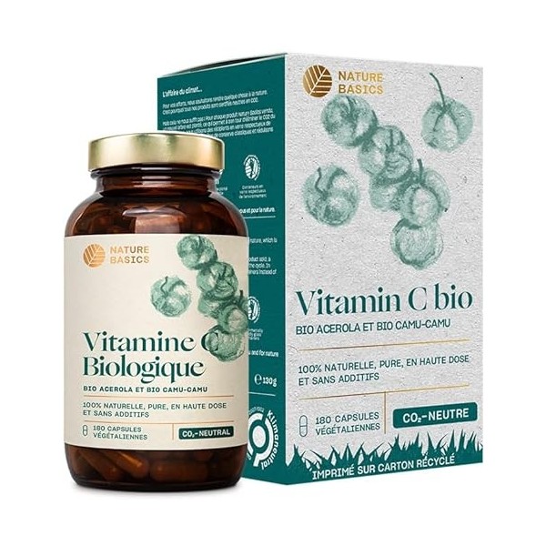 Nature Basics® vitamine C naturelle certifiée & durable en bocal | neutre en CO2 | 180 gélules hautement dosées | 471mg de po