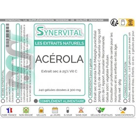Acérola Extrait naturel à 25% de Vitamine C Synervital 240 gélules dosées à 300mg - Complément alimentaire - Fabriqué en fran