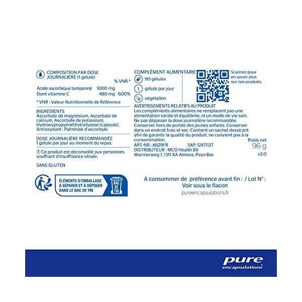 Pure Encapsulations - Vitamine C 1000 - Ascorbate de Magnésium, Ascorbate de Calcium & Ascorbate de Potassium - Aide au Fonct