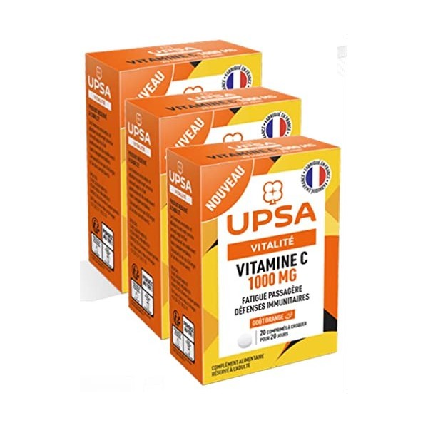 UPSA Vitality, Vitamin C 1000mg Tablet - Pack of 3 Boxes of 20 Tablets Pack 3 