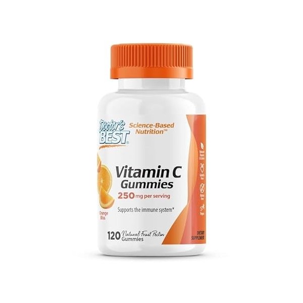 Doctors Best Gommes à la vitamine C, 250mg, 60 oursons en gomme végétaliens au goût dorange, Testés en Laboratoire, Sans Gl