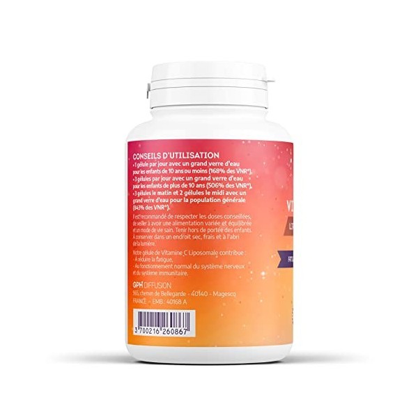 Vitamine C - Liposomale - 200 mg - 180 gélules végétales - Fatigue, Immunité, système nerveux