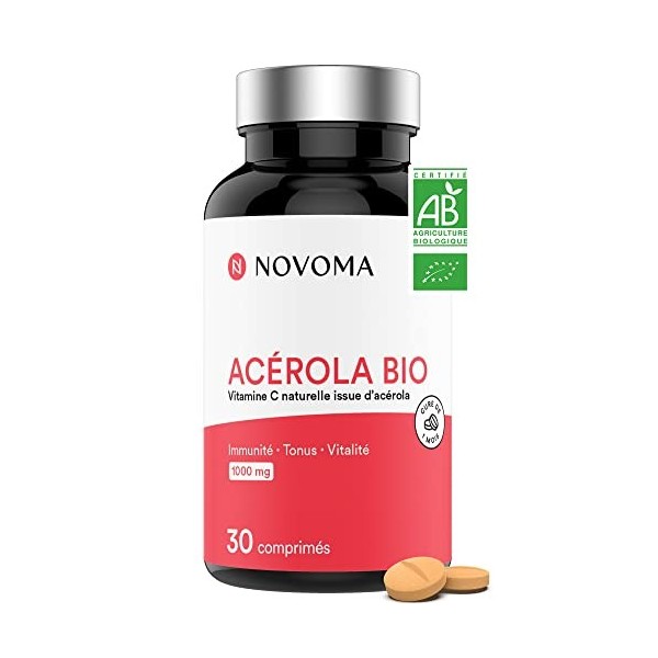 NOVOMA Acerola Bio 1000mg, Riche en Vitamine C Naturelle, Réduit la Fatigue & Renforce le Système Immunitaire, 30 Comprimés À