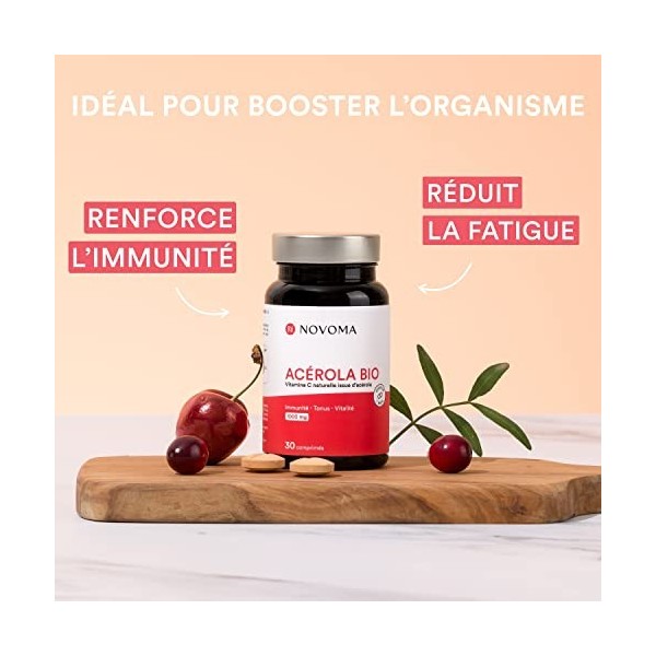 NOVOMA Acerola Bio 1000mg, Riche en Vitamine C Naturelle, Réduit la Fatigue & Renforce le Système Immunitaire, 30 Comprimés À