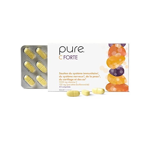 Pure C Forte – 45 Comprimés Hautement Dosés, Vitamine C, Comprimés Véganes, Complément Alimentaire pour la Peau et le Renforc