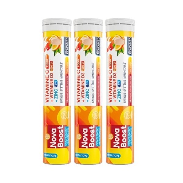 NovaBoost - Vitamine C/Zinc/D3 - Effervescent - Complément Alimentaire - Saveur Orange - x20 Comprimés - Lot de 3