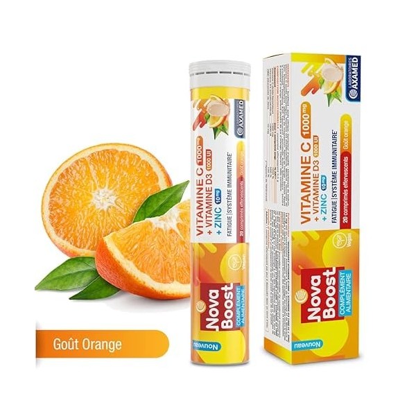 NovaBoost - Vitamine C/Zinc/D3 - Effervescent - Complément Alimentaire - Saveur Orange - x20 Comprimés - Lot de 3