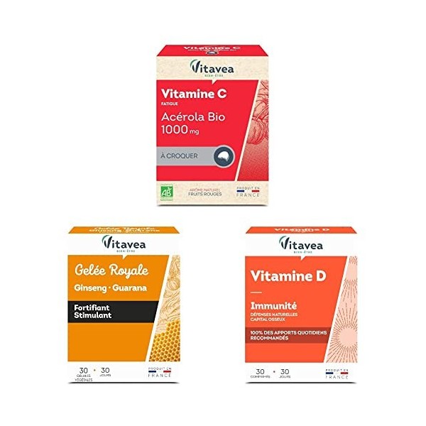 Vitavea - Lot de 3 compléments alimentaires Tonus Energie - Vitamine C acerola BIO, Tonus et vitalité + Vitamine D3, défenses