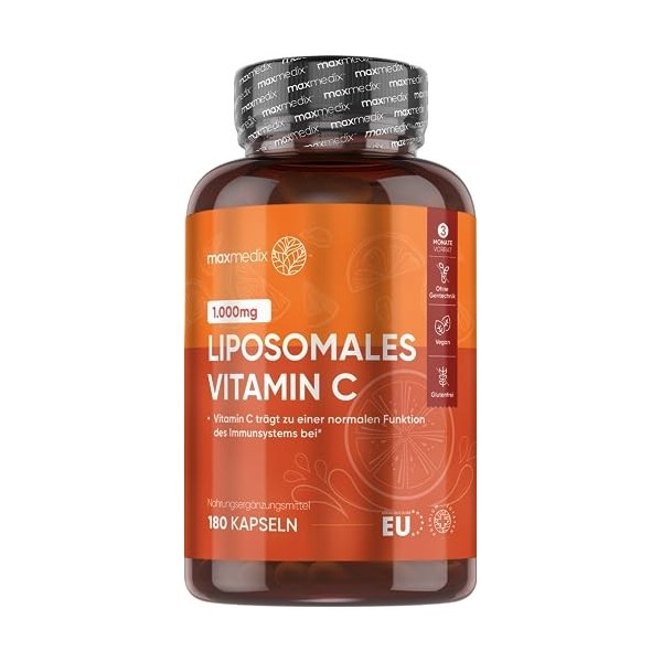 Vitamine C Liposomale 1000 mg - 180 Gélules Vegan 3 mois - Acide Ascorbique + Extrait dÉglantier Cynorrhodon & Extrait d