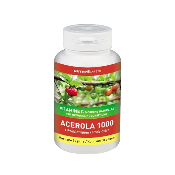 NUTRIEXPERT - Acérola 1000 - Vitamine C dorigine naturelle - Réduit la fatigue - Soutient limmunité - Sans Gluten - Cure 30