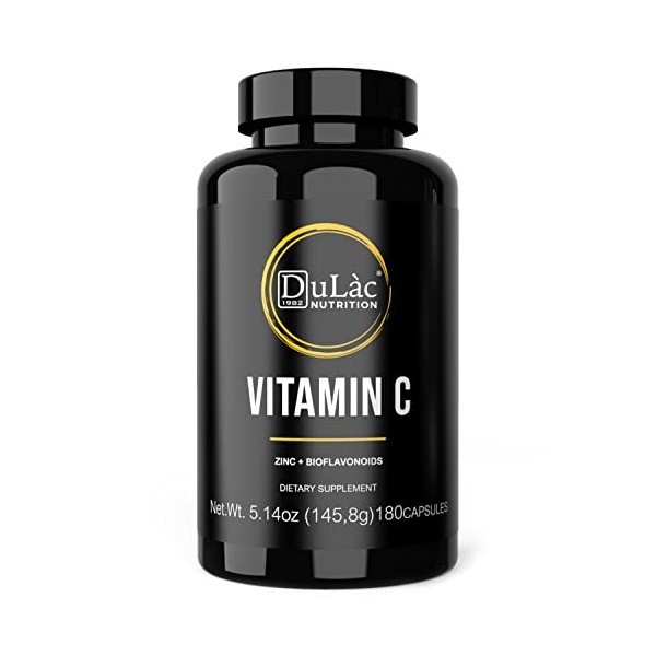 VITAMINE C 1000mg Capsules Dose Élevée + Zinc et Bioflavonoids, Dulàc Made in Italy - Supplément de180 Capsules- Soutien au