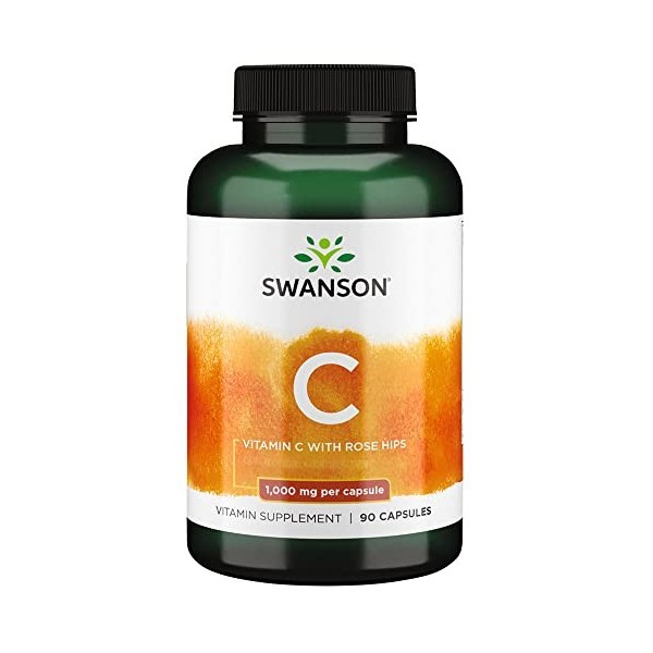 Swanson, C-1000, Vitamine C Acide Ascorbique , 1000mg, avec Églantier, 90 Capsules, Hautement Dosé, Testé en Laboratoire, Sa