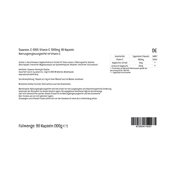 Swanson, C-1000, Vitamine C Acide Ascorbique , 1000mg, avec Églantier, 90 Capsules, Hautement Dosé, Testé en Laboratoire, Sa