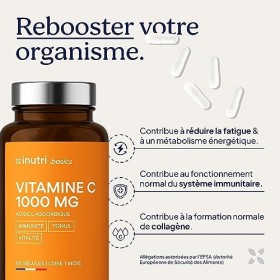 Vitamine C 1000mg | Vitamine C Pure Acide Ascorbique | 60 Gélules Cure 1 mois Assimilation Maximale | Réduit la Fatigue & Sou