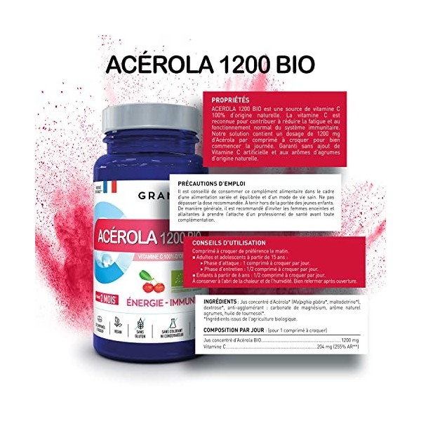 GRANIONS:Immunité et énergie ACEROLA 1200 VitamineC100% dorigine naturelle hautement dosée-255%des apports recommandés-Assim