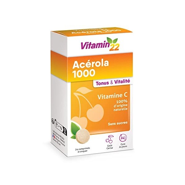 VITAMIN 22 - Acerola 1000 - Vitamine C 100% dorigine naturelle - Sans sucre - Sans gluten - Goût Cerise - Cure de 24 j - 24 