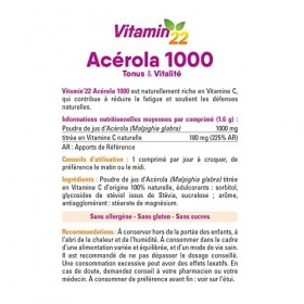 VITAMIN 22 - Acerola 1000 - Vitamine C 100% dorigine naturelle - Sans sucre - Sans gluten - Goût Cerise - Cure de 24 j - 24 
