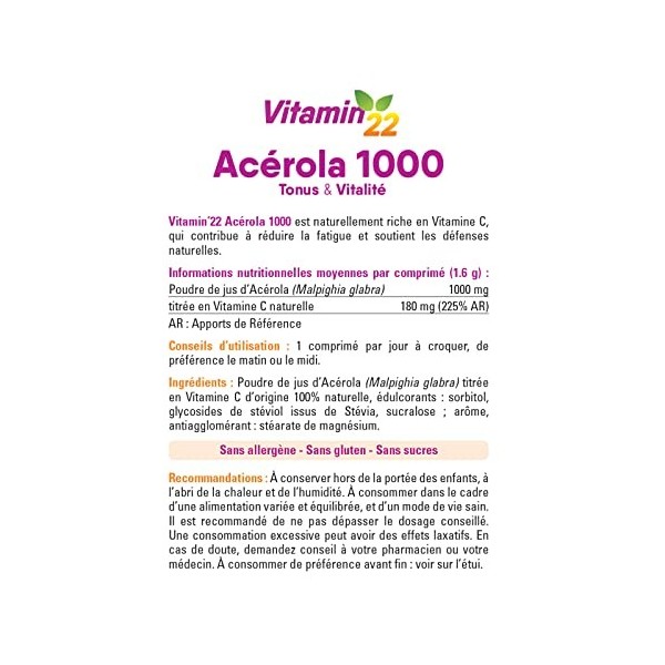 VITAMIN 22 - Acerola 1000 - Vitamine C 100% dorigine naturelle - Sans sucre - Sans gluten - Goût Cerise - Cure de 24 j - 24 