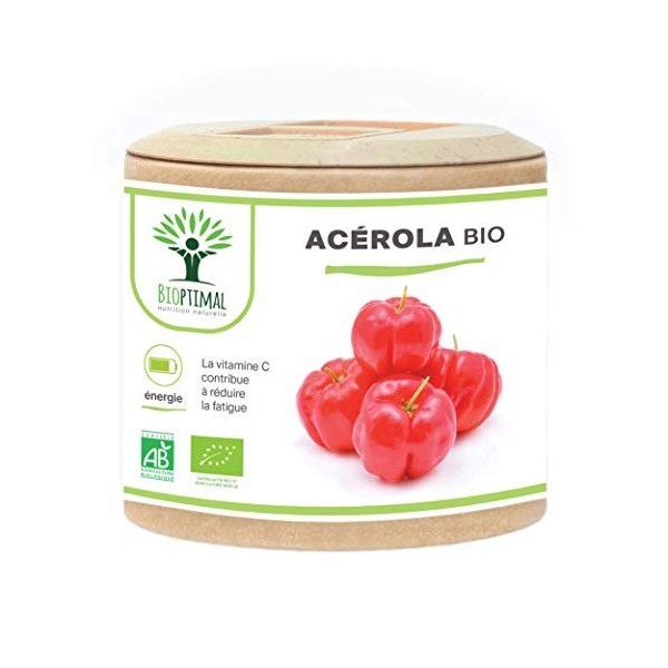 Acerola Bio - Bioptimal - Complément Alimentaire - Extrait dAcérola en Gélule - 17% de Vitamine C Biodisponible - Anti-Fatig