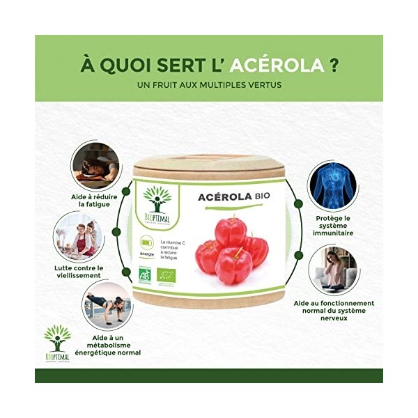 Acerola Bio - Bioptimal - Complément Alimentaire - Extrait dAcérola en Gélule - 17% de Vitamine C Biodisponible - Anti-Fatig